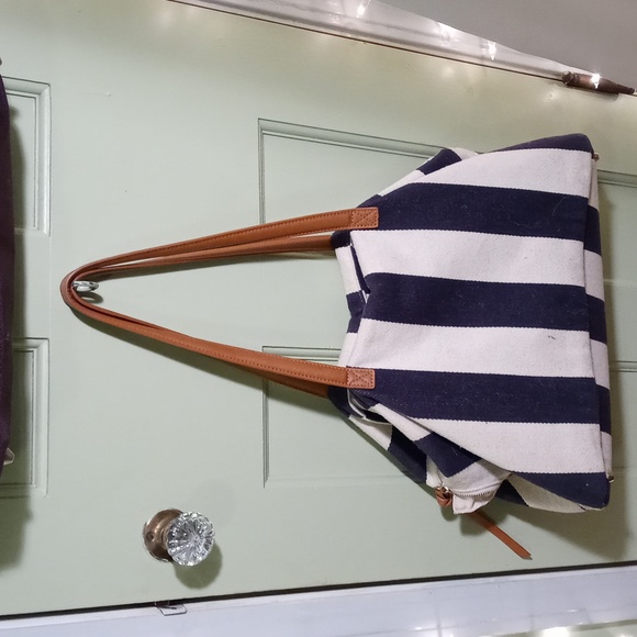 Women's MMS nautical canvas duffle gym bag travel vacation shoulder striped - Picture 5 of 14